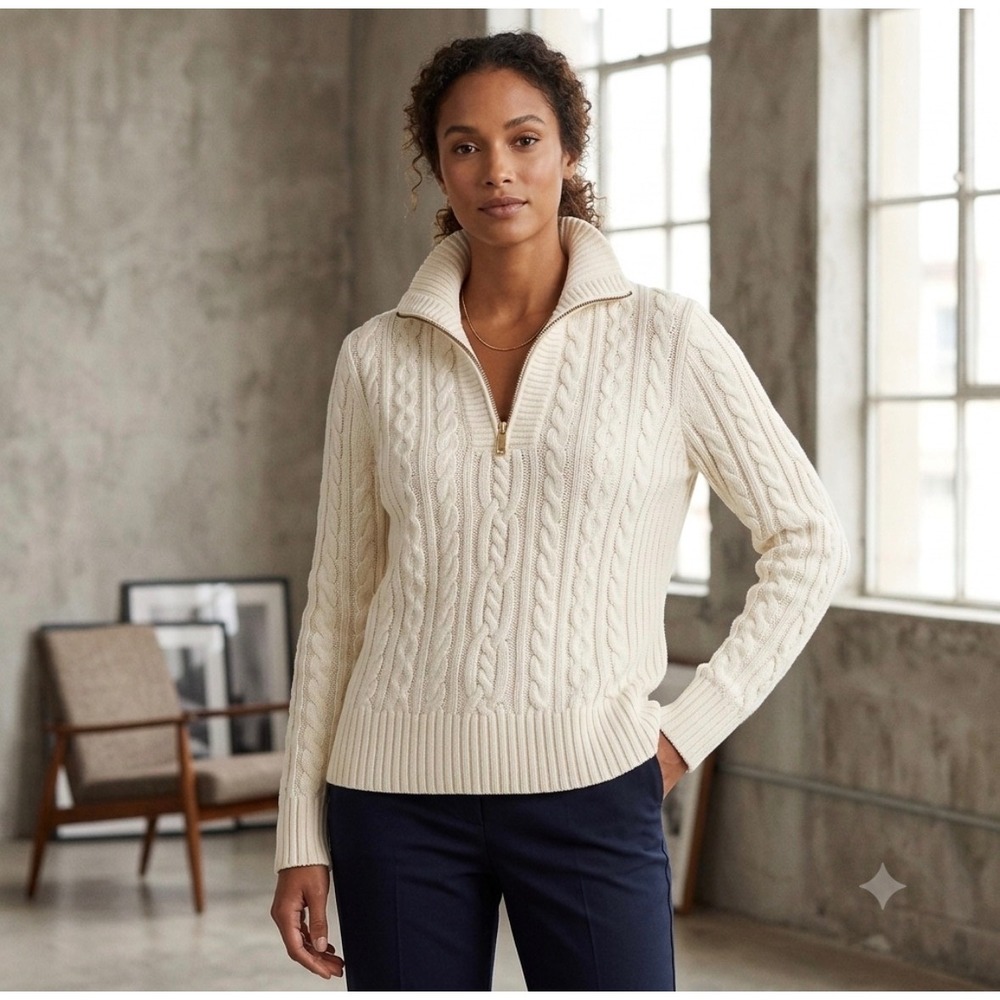 Lauren Ralph Lauren Quarter Zip Sweater Womens Large Cream Cable Knit Cotton